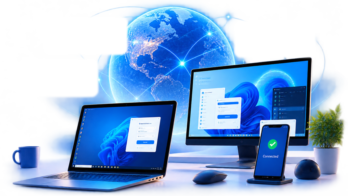 Desktop computer, laptop, and phone connected around a digital globe